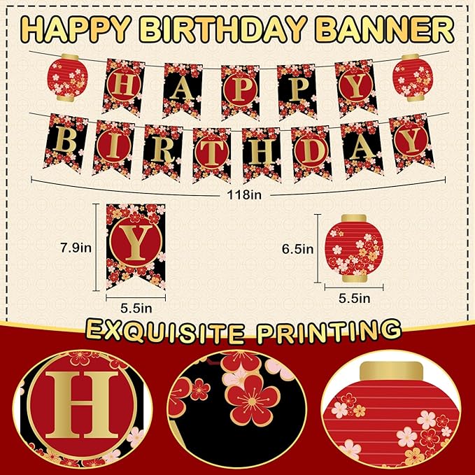 14Pcs Hibachi Party Decorations, Japanese Lanterns with Cherry Blossom Patterns Tissue Paper Pom Poms Round Paper Fans Happy Birthday Banner Set for Hibachi Japanese Party Decorations