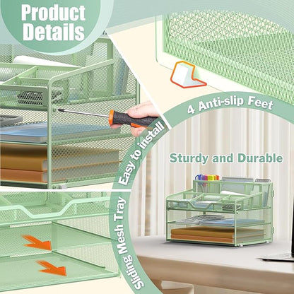 Docnest 3 Tier Mesh Desk Organizer for Paper Office Supplies – Multi-Functional Letter Tray with 5 Adjustable Compartments, 3 Pen Holders, Desktop Storage for Files, Mail, Stationery – Green