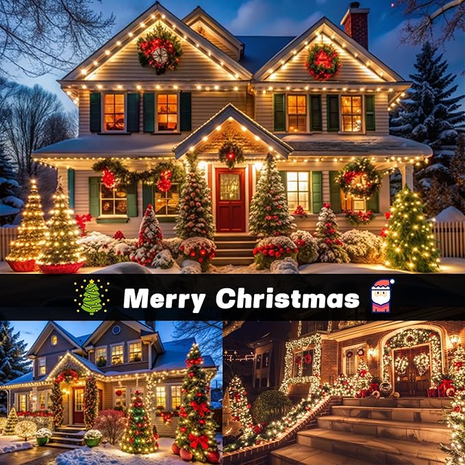 OZS 2PK 240LED Solar Christmas String Lights Outdoor Waterproof | Solar Christmas Tree Lights with 8 Lighting Modes Solar Light Outdoor for Xmas Party Garden Tree Christmas Decorations (Warm White)