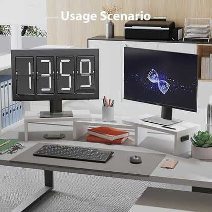 BONTEC Dual Monitor Stand Riser with Smartphone Holder, Adjustable Length & Swivel Angle, Ergonomic Wooden Desktop Organizer for PC Monitor, Laptop, Printer, Large Storage, White