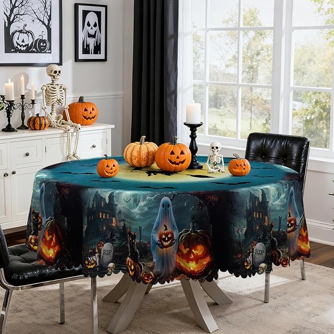 Eikione Round Tablecloth 60inch, Halloween Blue Bat Tablecloth Waterproof and Wrinkle-Free, Table Covers, Summer Decorations for Home Dining