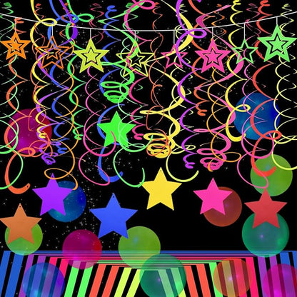 52 PCS UV Neon Rainbow Ceiling Swirl Decoration Hanging Neon Streamer for Ceiling Neon Garlands Black Light Neon Decorations for Dark Glow Party Supplies and Decorations Birthday Neon Party Favors