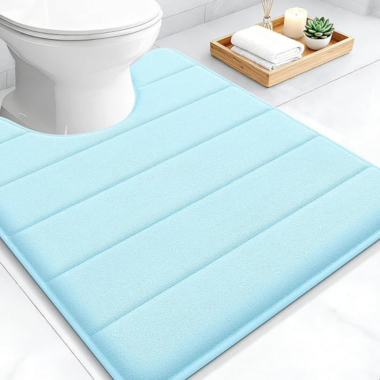 OLANLY Memory Foam Toilet Rugs U Shaped 24x20, Super Soft Absorbent Contour Bath Rugs, Quick Dry, Machine Washable Toilet Mat, Bathmat Floor Carpet, Bathroom Home Decor Accessories, Sky Blue