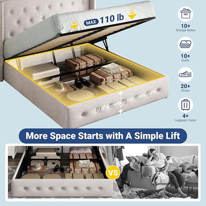 Allewie Queen Size Lift Up Storage Bed, Button Tufted Headboard with Wingback, Hydraulic Support, No Box Spring Needed, Light Beige