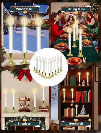 10 Pack Ultra-Bright LED Christmas Window Candles with Brass-Plated Base, Battery Operated Flameless Candles with LED C26 Warm White Bulbs Christmas Window Lights for Holiday Home Wedding Decorations