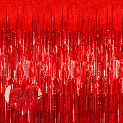 4 Pack 3.2Ft x 8.2Ft Red Fringe Curtain Backdrop, Sparkle Metallic Tinsel Foil Fringe Streamers Background for Photo Booth Birthday Wedding Baby Shower Halloween Christmas Party Decorations