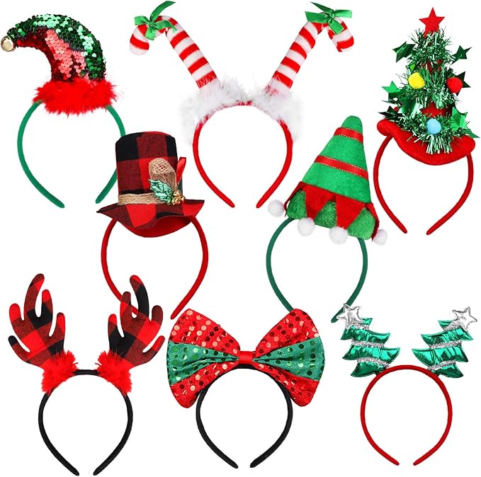 URATOT 8 Pack Christmas Reindeer Hair Hoop Headbands Xmas Party Costume Photo Prop Booth Headbands for Favors