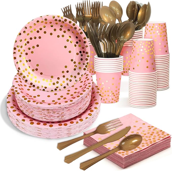 175 Pcs Pink Gold Paper Plates and Napkins Set,Disposable Dinnerware for 25 Guests for Party Wedding Birthday