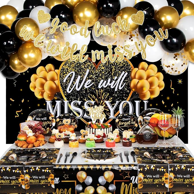 We Will Miss You Decorations, Going Away Party Decorations, Farewell Decorations Party Includes Black & Gold Balloons, Backdrop, Banner, Tablecloth, Plates, Napkins, Cake Toppers for Retirement