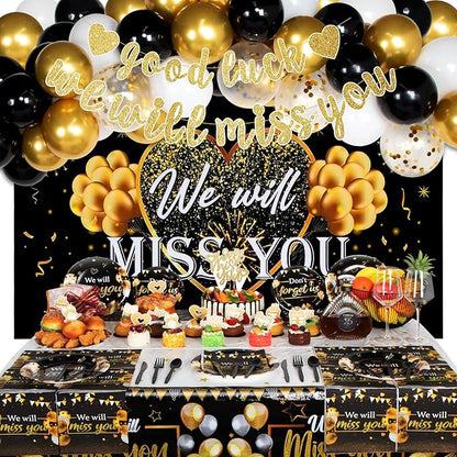 We Will Miss You Decorations, Going Away Party Decorations, Farewell Decorations Party Includes Black & Gold Balloons, Backdrop, Banner, Tablecloth, Plates, Napkins, Cake Toppers for Retirement