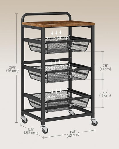 VASAGLE Storage Rolling Cart with Pull-Out Baskets, 4-Tier Utility Cart Orgnizer with Wheels for Laundry Room, Kitchen, Handle, 12.5 x 15.8 x 29.9 Inches, Rustic Brown and Ink Black ULRC040K01