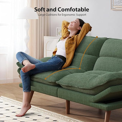 Pipishell Futon Sofa Bed, Convertible Futon Adjustable Backrest & Armrests, Corduroy Sleeper Couch for Small Spaces, Living Room, Office, Guest Room (Moss Green, 66 Inch)