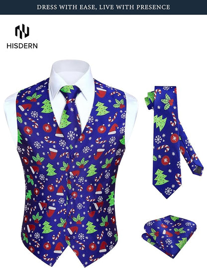 HISDERN Men's Suit Vest Christmas Holiday Season Party Jacquard Waistcoats Necktie Pocket Square Vest Suit Set