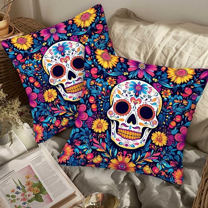 Sugar Skull Pillow Covers 18x18 Set of 2, Day of The Dead Halloween Cushion Cases for Sofa, Couch, Bed and Living Room, Home Decoration for Spring, Summer, Autumn and Winter