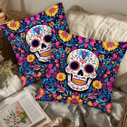 Sugar Skull Pillow Covers 18x18 Set of 2, Day of The Dead Halloween Cushion Cases for Sofa, Couch, Bed and Living Room, Home Decoration for Spring, Summer, Autumn and Winter