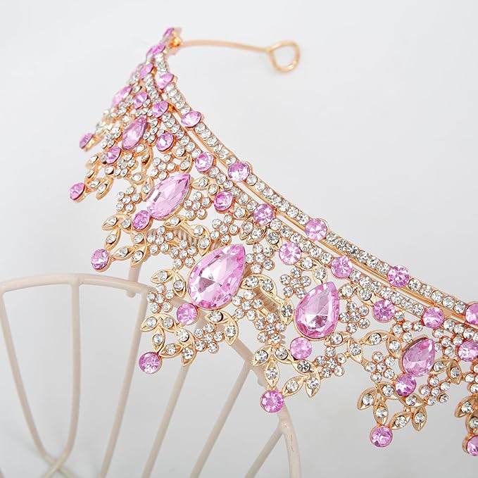 WOVOWOVO Princess Crown Queen Birthday Tiara for Women Girls, Pink Crystal Tiaras and Crowns Headband Hair Accessories for Bride Wedding Halloween Costume Party Prom Christmas Gifts