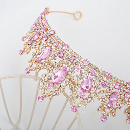 WOVOWOVO Princess Crown Queen Birthday Tiara for Women Girls, Pink Crystal Tiaras and Crowns Headband Hair Accessories for Bride Wedding Halloween Costume Party Prom Christmas Gifts