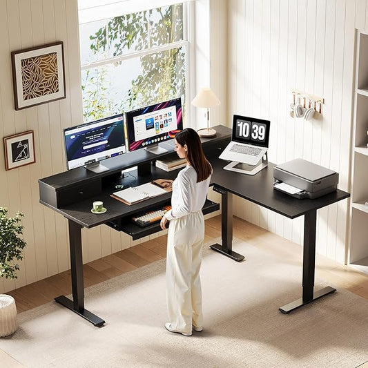 OffiGo 59 Inch L Shaped Electric Standing Desk with Drawers, Height Adjustable Corner Computer Desk with Keyboard Tray & Monitor Stand, Stand Up Table for Home Office Workstation, Black