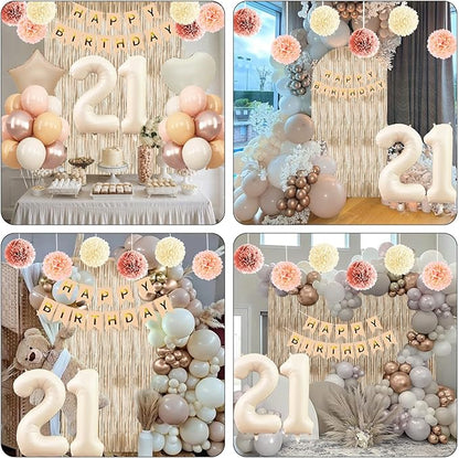 Beige 21st Birthday Decorations for Her Cream Number 21 Balloon Nude Gold Happy Birthday Banner Fringe Curtain Paper Pom Poms Blush White Sand Champagne Star Foil Balloons Neutral Boho Party Decor