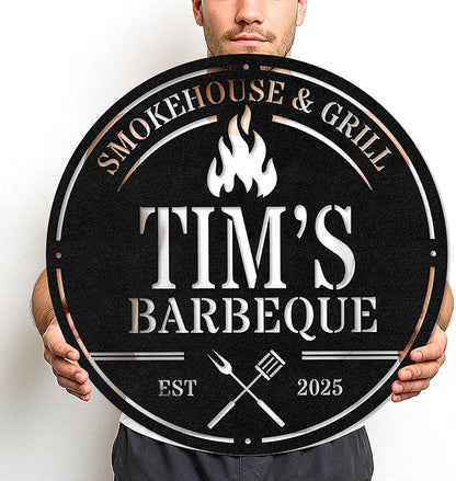 Custom Outdoor BBQ Metal Sign, Personalized Grill Wall Decor for Backyard Patio, Rustic Cut Metal Barbecue Sign Gift