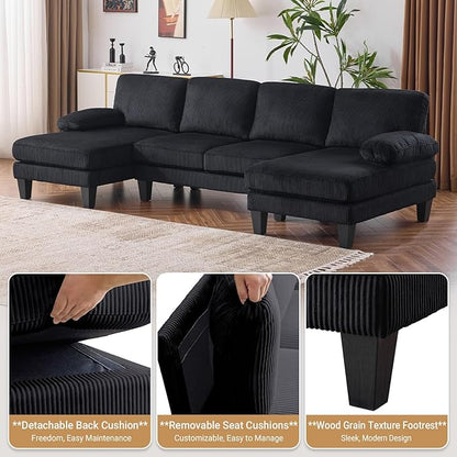 VINGLI 110" Sectional Couches for Living Room,U Shaped Couch with Double Chaise, 4-Seat Sofa Set with Corduroy Fabric for Home Furniture,Black