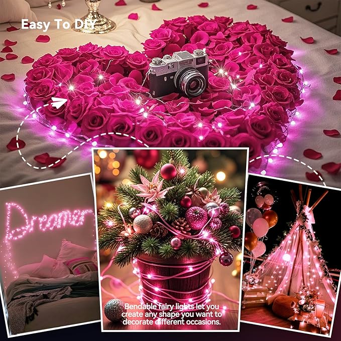 4 Pack 240LED Christmas Fairy Lights Battery Operated - 20FT Twinkle Lights with 2 Lighting Modes Indoor Outdoor, Waterproof Led Fairy String Lights for Bedroom, Wedding, Dorm, DIY Decor, Pink
