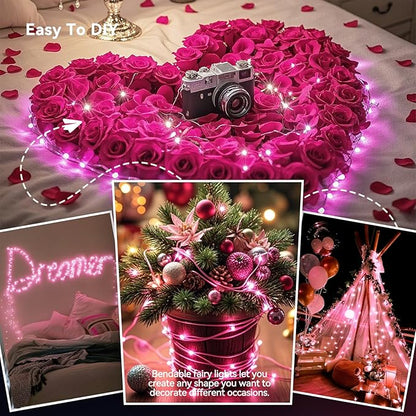 4 Pack 240LED Christmas Fairy Lights Battery Operated - 20FT Twinkle Lights with 2 Lighting Modes Indoor Outdoor, Waterproof Led Fairy String Lights for Bedroom, Wedding, Dorm, DIY Decor, Pink