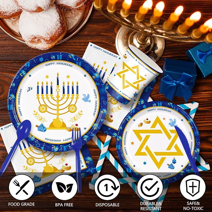 168pcs Hanukkah Party Supplies Include Plates Napkins Cups Forks for Hanukkah Deco Paper Disposable Party Tableware Set Serve 24 Guests