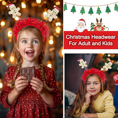 Beleki Gingerbread Headbands with Christmas Hat - Glitter Headband Hair Hoop Headwear Funny Christmas Hair Accessories for Aldut Teens Kids Gift Xmas Holiday Party Festival Events Cotume Decor