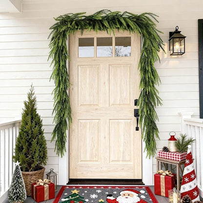 2 Pcs 9 Ft Norfolk Pine Garlands, Artificial Real Touch Winter Christmas Green Greenery Garlands for Mantle, Fireplace, Table, Wall, Outdoor, Indoor Christmas Decorations (9 FT, 2)