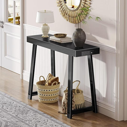Huuger Entryway Console Table with Charging Station, USB-C Port, 39.4 Inch Sofa Table with Metal Legs, Entry Hallway Table with Thicker Desktop, Modern Behind Couch Table, Black