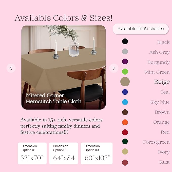Beige Cotton Tablecloth, Table Cover 52x70 Inch, Fits 4-6 Seats, Soft, Durable, Washable, Wrinkle Resistant, Rectangle Table Cloth for Dining, Family Dinner, Everyday Use, Home Decor
