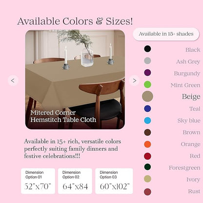 Beige Cotton Tablecloth, Table Cover 52x70 Inch, Fits 4-6 Seats, Soft, Durable, Washable, Wrinkle Resistant, Rectangle Table Cloth for Dining, Family Dinner, Everyday Use, Home Decor
