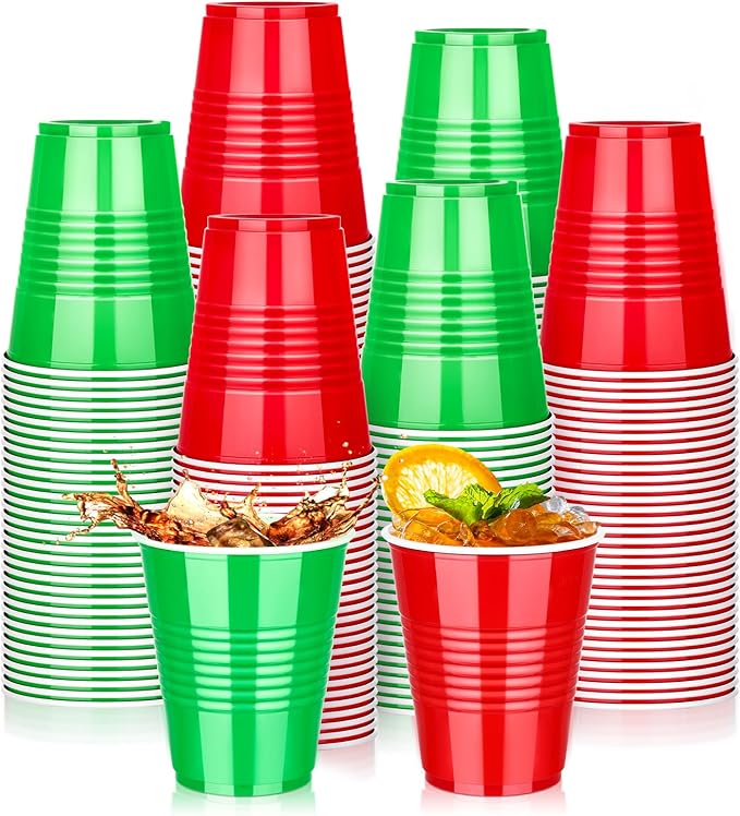 KesaPlan 100PCS 12oz Disposable Plastic Cups, Red and Green Christmas Party Drinking Cups, Xmas Holiday Supplies