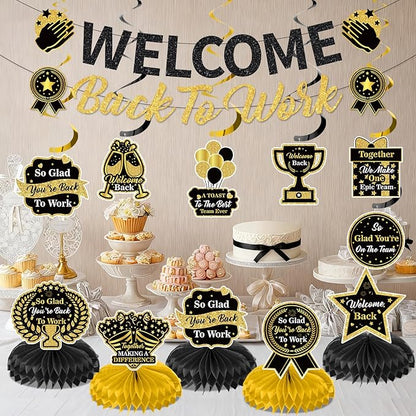 12pcs Welcome Back to Work Decorations Office Black Gold So Glad You're Back To Work Banner and Hanging Swirls Table Centerpieces Office Party Supplies for Indoors Outdoors