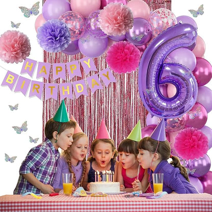 Pink Purple 6th Birthday Party Decorations for Girls Number 6 Balloon Happy Birthday Banner Butterfly Stickers Fringe Curtain Paper Pom Poms Metallic Hot Pink Star Foil Balloons 6 Year Old Princess