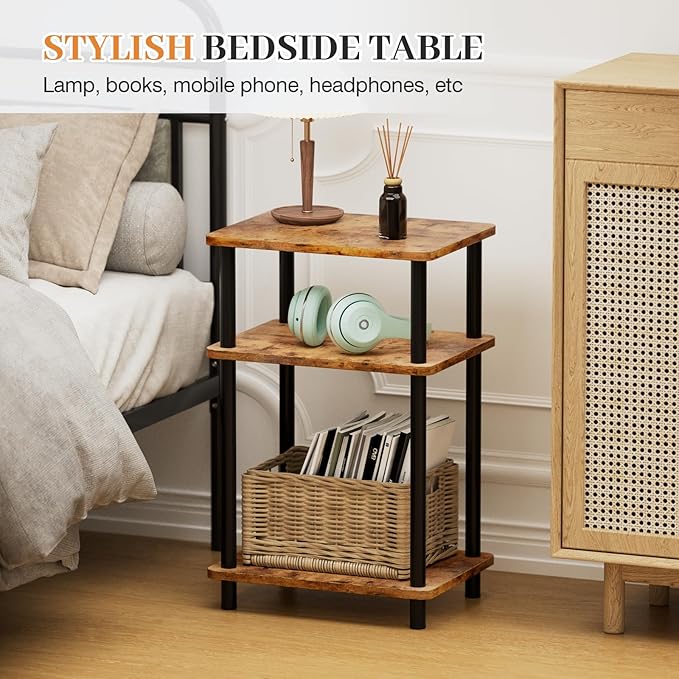 Apicizon 3 Tier End Table, Boho Side Table with Storage Shelf, Nightstand Bedside Table for Small Spaces, Bedroom, Living Room, Entryway, Farmhouse, Easy Assembly,Brown