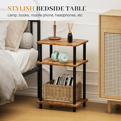 Apicizon 3 Tier End Table, Boho Side Table with Storage Shelf, Nightstand Bedside Table for Small Spaces, Bedroom, Living Room, Entryway, Farmhouse, Easy Assembly,Brown