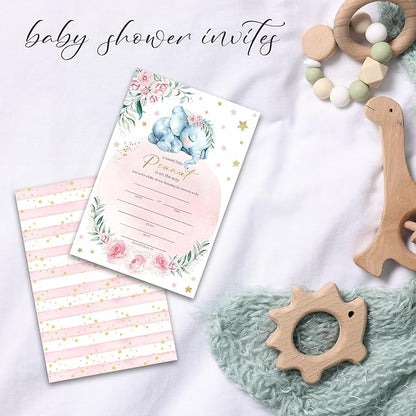 25 Pink Baby Shower Invitations - A Sweet Little Peanut Is On The Way - Cute Little Elephant And Pink Flowers Invites With Envelopes For Boy Girl, Gender Reveal, Baby Shower Favor And Decorations-A07