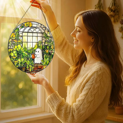 8'' Halloween Ghost Greenhouse Sun Catcher Ornament, Stained Glass Window Hanging, Sun Catchers for Windows Hanging Ornaments, Window Decor, Holiday Present, Ideal Gift | Plant Lovers Gifts