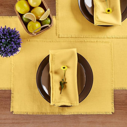 Solino Home Fringe Linen Placemats Set of 4 - Marigold Yellow Placemats 14 x 19 Inch - 100% Pure Linen Table Mats