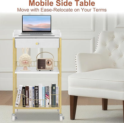 Small Tall Side Table with Storage Basket, High End Table with Drawer, 4-Tier Bathroom Storage Shelves with Optional Wheels, Nightstand for Dorm, Living Room, Bedroom, Gold & White