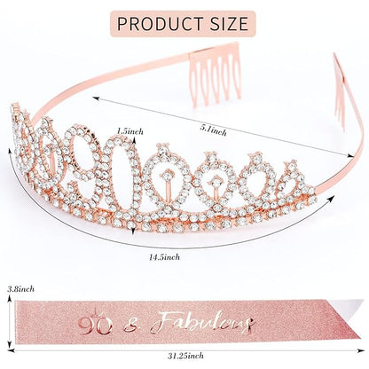 CIEHER 90th Birthday Crown, Sash & Pearl Pin Set - Elegant Decorations & Gifts for Her 90th Fabulous Birthday