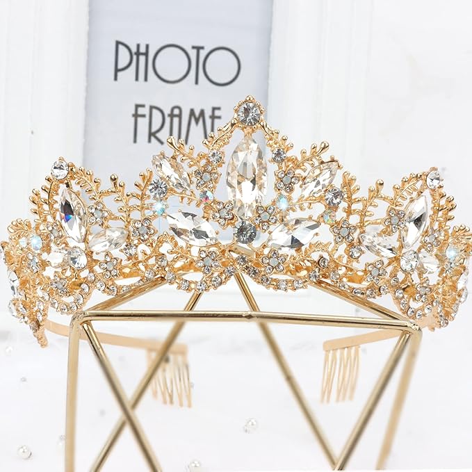 Gold Tiara and Crown for Women Crystal Headband with Comb Rhinestones Princess Hairpiece for Girls Wedding Hair Accessories for Party Bride Bridesmaids Bridal Prom Halloween Costume Cosplay