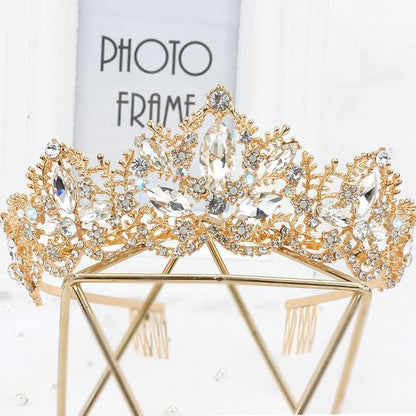 Gold Tiara and Crown for Women Crystal Headband with Comb Rhinestones Princess Hairpiece for Girls Wedding Hair Accessories for Party Bride Bridesmaids Bridal Prom Halloween Costume Cosplay