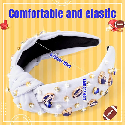 PANTIDE Football Jeweled Knotted Headband - Blue Football Rhinestone Crystal Embellished Headband Wide Top Knot Fashion Hairband Mom Accessories Sport Game Day Birthday Gift for Fan Women Girl (White)