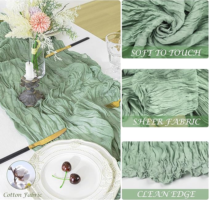 Cotton Sage Green Cheesecloth Table Runner, 13FT Cotton Table Runner Rustic Boho Green Cheese Cloth Runner for Wedding Bridal Baby Shower Table Decoration