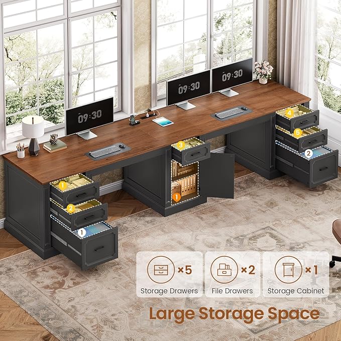 SEDETA Farmhouse 110.3" Two Person Desk with 7 Drawers, Long Computer Desk with Storage Cabinet, 2 Person Desk with Power Outlets for Home Office, Black