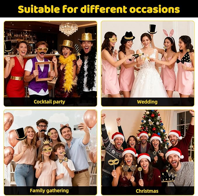 24PCS Gold and Black Photo Booth Props Set, Funny Photobooth Props Kit for Birthday Wedding Graduation New Year Party Celebration Decoration Supplies