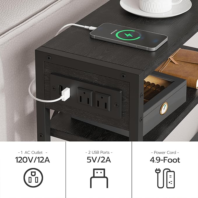 Narrow Side Table with Charging Station, Slim End Tables with Linen Basket, Skinny Table for Small Spaces, Thin Bedside Table for Living Room, Bedroom